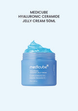 Medicube Hyaluronic Ceramide Jelly Cream 50ml — blue jar on a pale blue background.