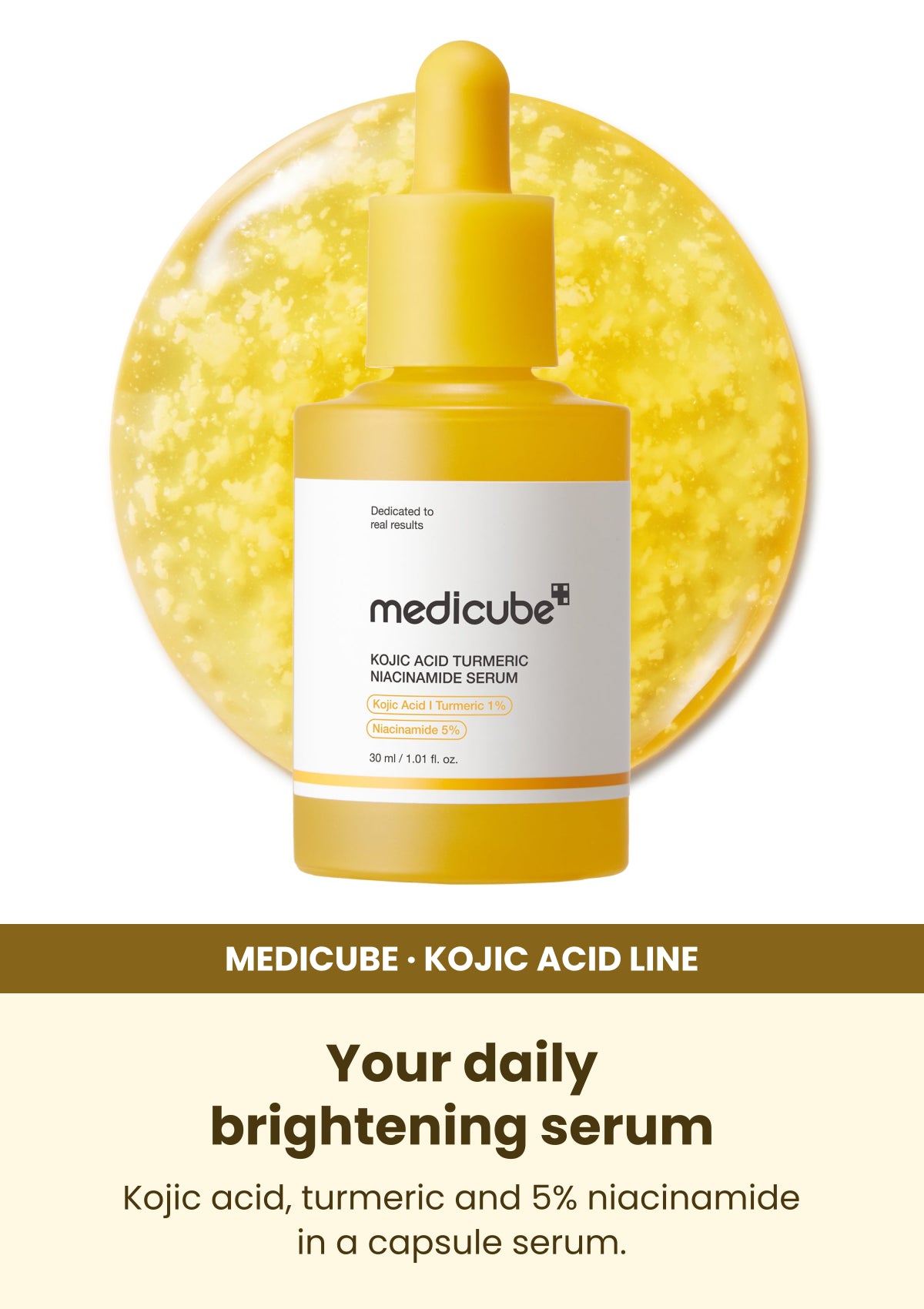 Medicube Kojic Acid Turmeric Niacinamide Serum 30ml bottle and snowflake capsule texture