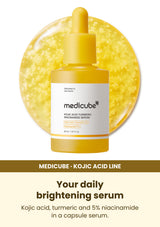 Medicube Kojic Acid Turmeric Niacinamide Serum 30ml bottle and snowflake capsule texture