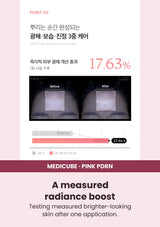 Medicube PDRN Pink Glutathione Serum Mist — Radiance measured after one use. Testing measured brighter-looking skin after one application.