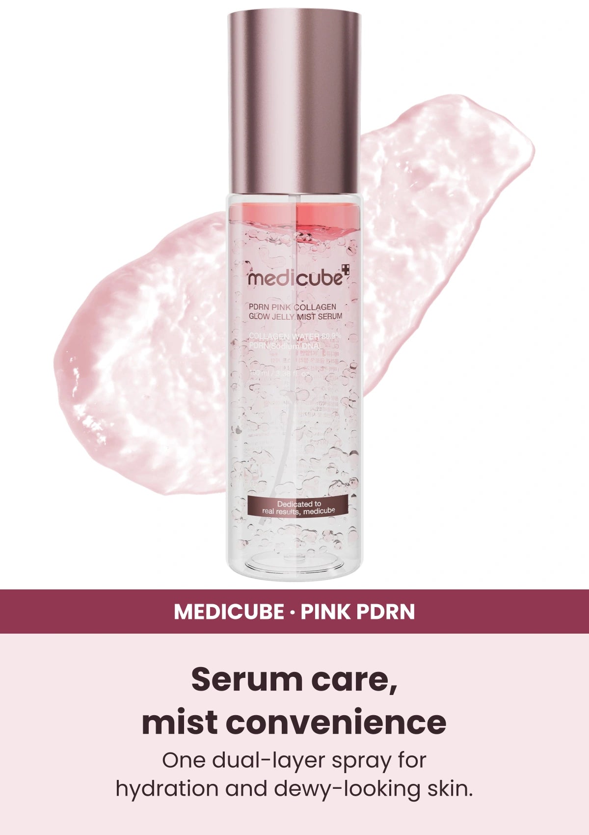 Medicube PDRN Pink Collagen Glow Jelly Mist Serum — Hydration at a spritz. One dual-layer spray for hydration and dewy-looking skin.