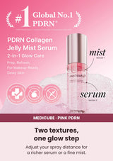 Medicube PDRN Pink Collagen Glow Jelly Mist Serum — A spray that adapts to your routine. Adjust your spray distance for a richer serum or a fine mist.