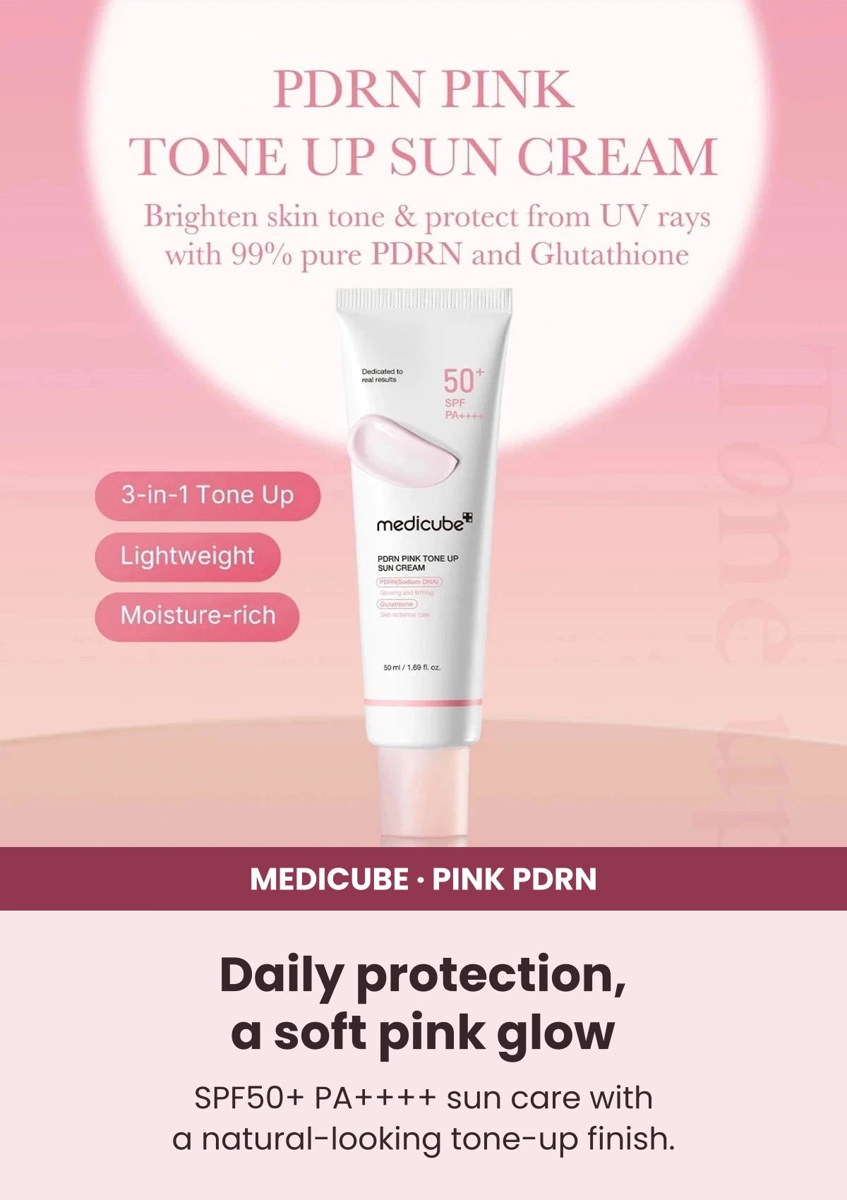 Medicube PDRN Pink Tone Up Sun Cream SPF50+ PA++++ — A bright finish to your morning routine. SPF50+ PA++++ sun care with a natural-looking tone-up finish.