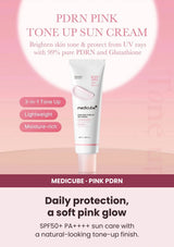 Medicube PDRN Pink Tone Up Sun Cream SPF50+ PA++++ — A bright finish to your morning routine. SPF50+ PA++++ sun care with a natural-looking tone-up finish.