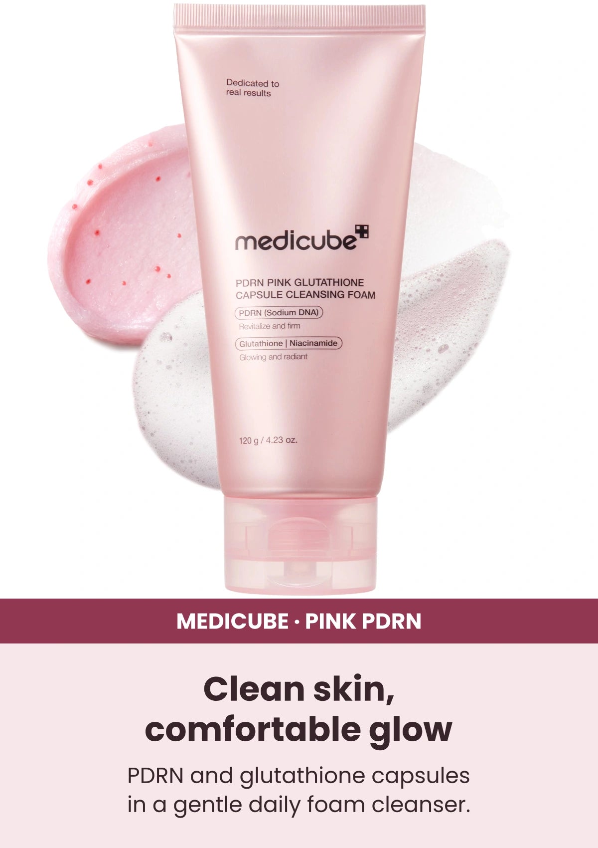 Medicube PDRN Pink Glutathione Capsule Cleansing Foam — Daily cleansing with glow care. PDRN and glutathione capsules in a gentle daily foam cleanser.