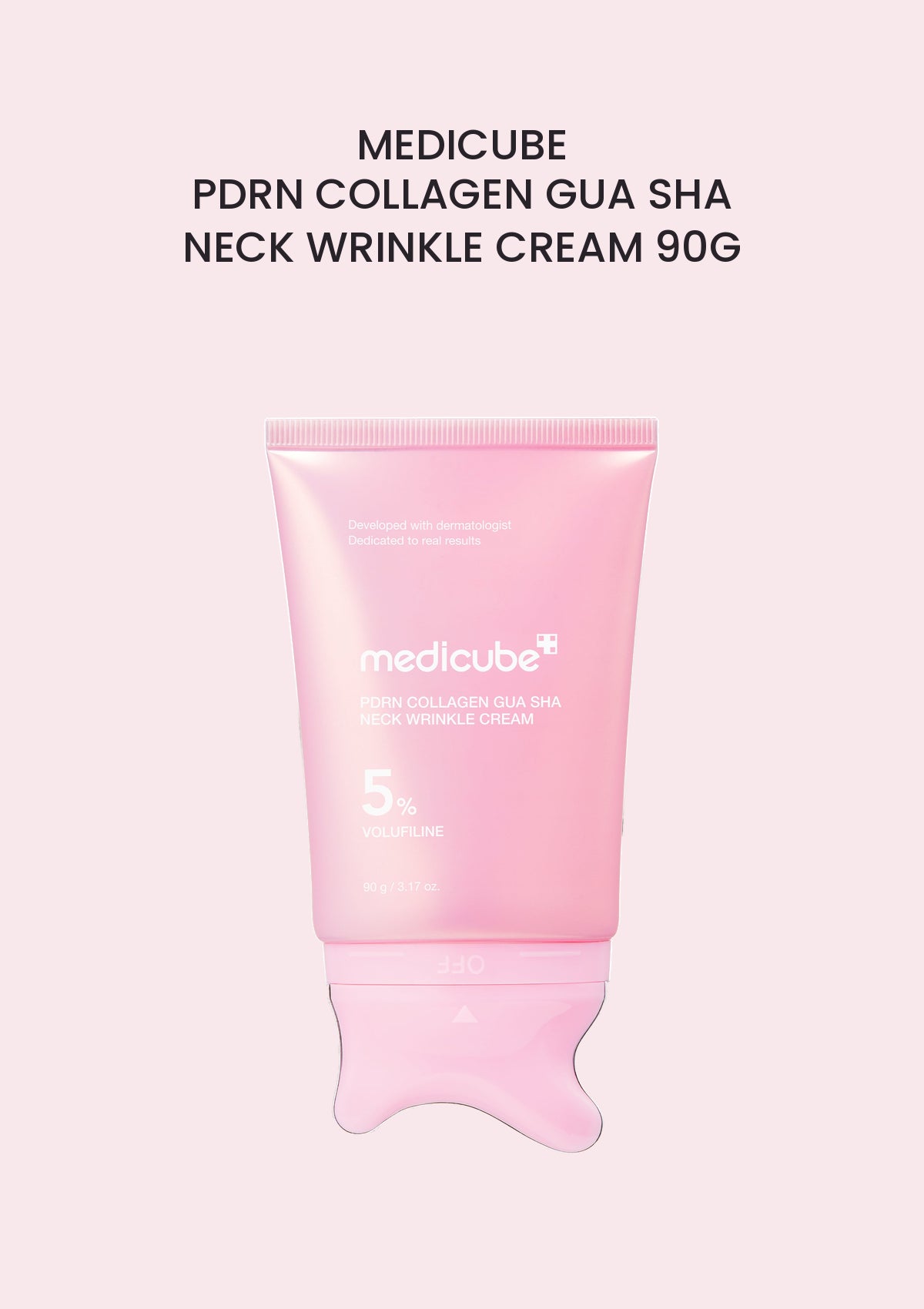 Medicube PDRN Collagen Gua Sha Neck Wrinkle Cream 90g with built-in curved applicator on a soft pink background.