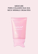 Medicube PDRN Collagen Gua Sha Neck Wrinkle Cream 90g with built-in curved applicator on a soft pink background.