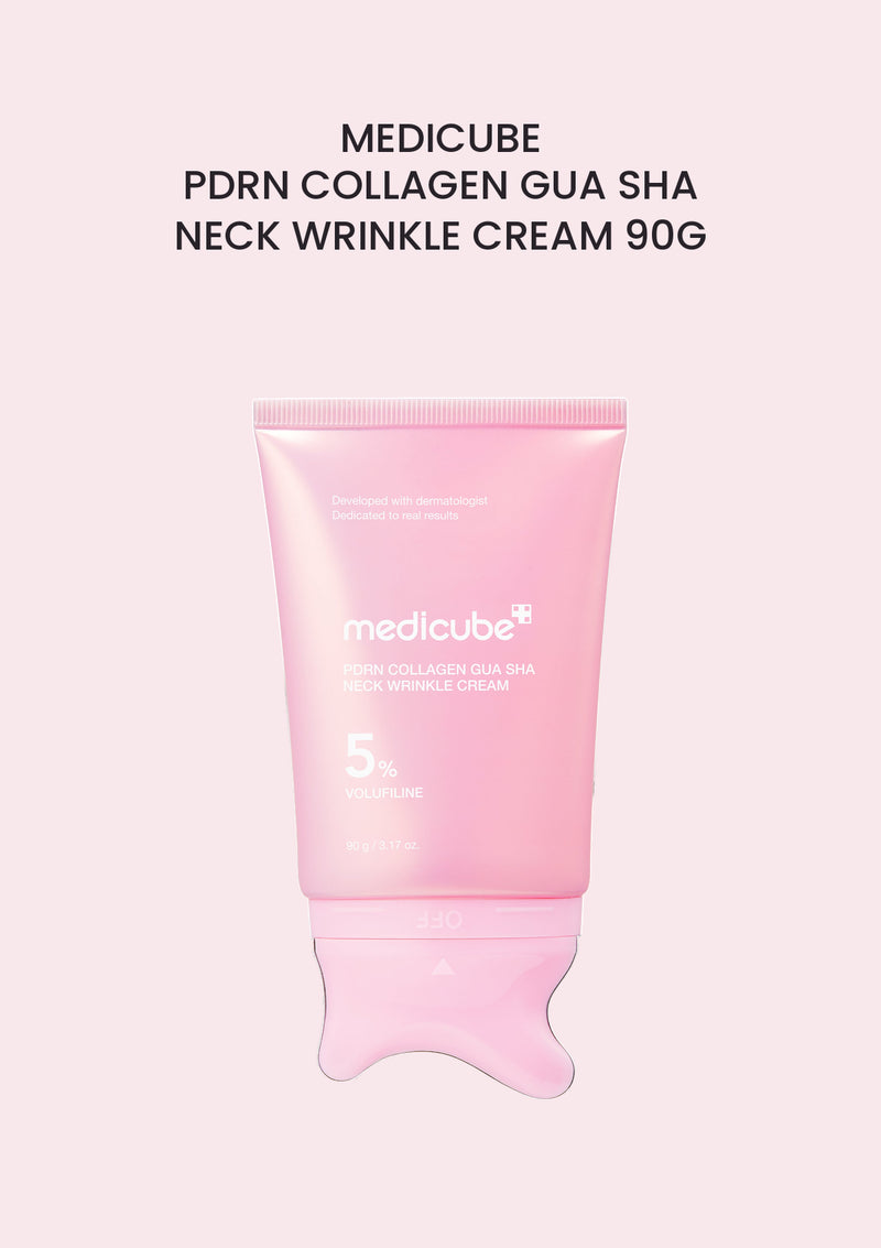 Medicube PDRN Collagen Gua Sha Neck Wrinkle Cream 90g with built-in curved applicator on a soft pink background.