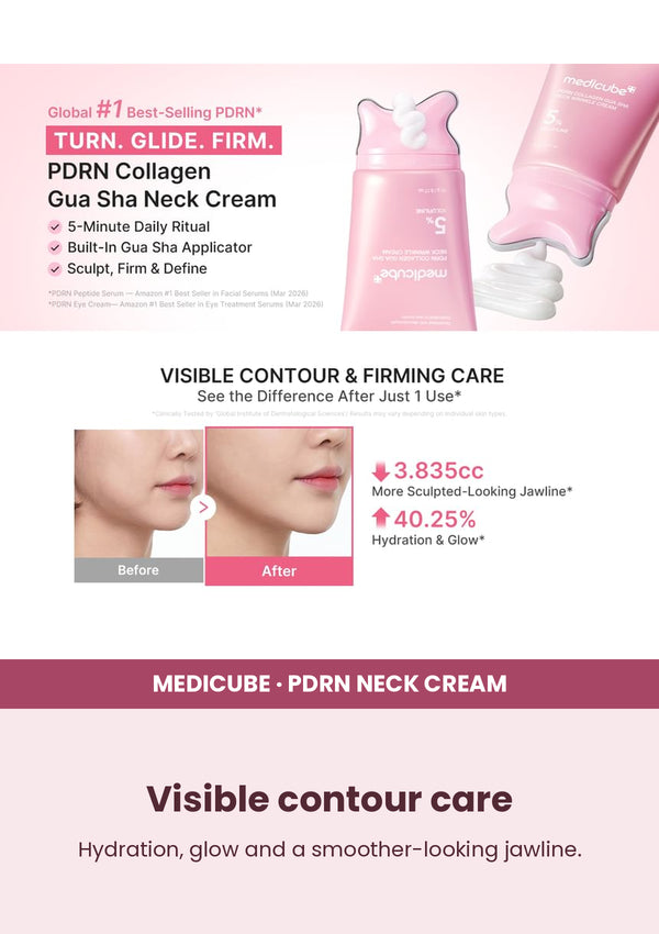 Medicube PDRN Collagen Gua Sha Neck Wrinkle Cream 90g — Visible contour care. Hydration, glow and a smoother-looking jawline.