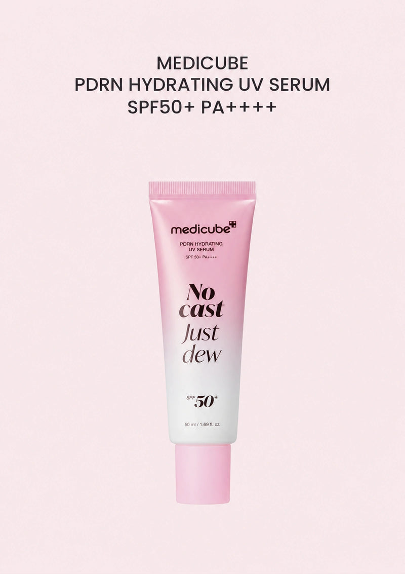 Medicube PDRN Hydrating UV Serum SPF50+ PA++++ 50ml — approved Pink PDRN main image with confirmed Korean-version tube