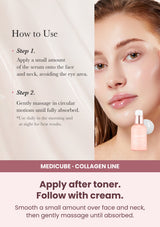 Medicube triple collagen serum 4 0 55ml — Apply after toner. Follow with cream. Smooth a small amount over face and neck, then gently massage until absorbed.