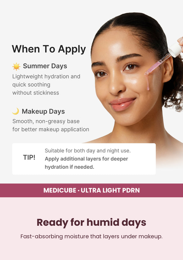 Medicube Ultra Light PDRN Pink Peptide Serum 30ml — Ready for humid days. Fast-absorbing moisture that layers under makeup.