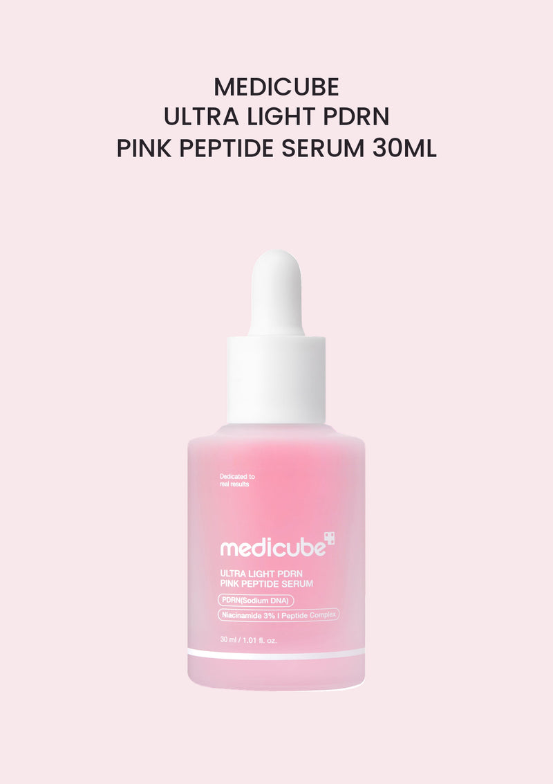 Medicube Ultra Light PDRN Pink Peptide Serum 30ml on a soft pink background