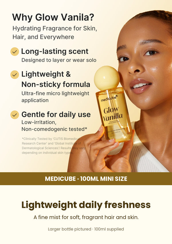 Medicube Vanilla Hair Body Fragrance Mist 100ml mini — Lightweight daily freshness. A fine mist for soft, fragrant hair and skin. Larger bottle shown; 100ml mini supplied.
