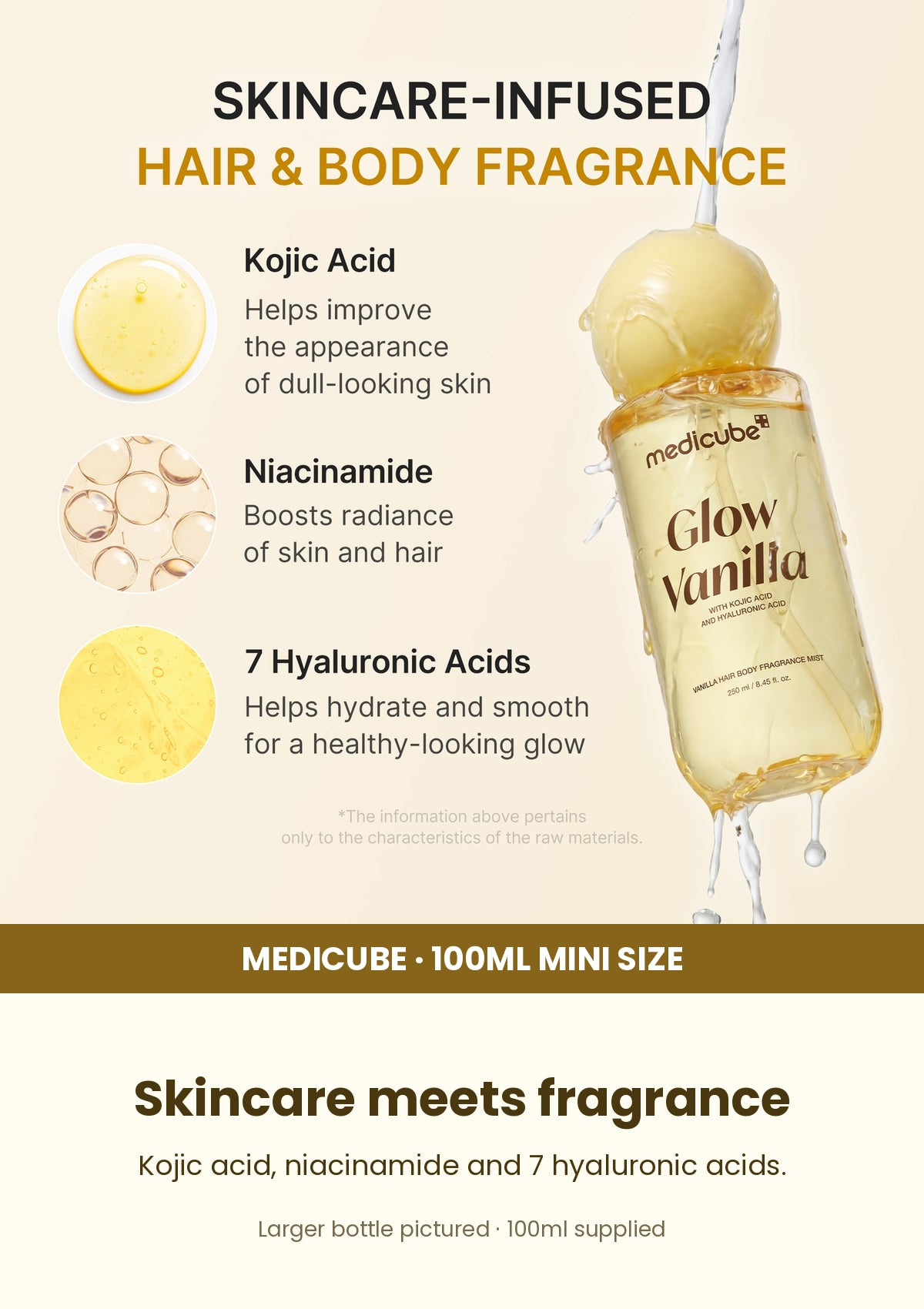 Medicube Vanilla Hair Body Fragrance Mist 100ml — kojic acid, niacinamide and 7 hyaluronic acids. Larger bottle pictured; 100ml supplied.