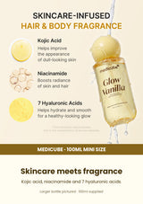 Medicube Vanilla Hair Body Fragrance Mist 100ml — kojic acid, niacinamide and 7 hyaluronic acids. Larger bottle pictured; 100ml supplied.