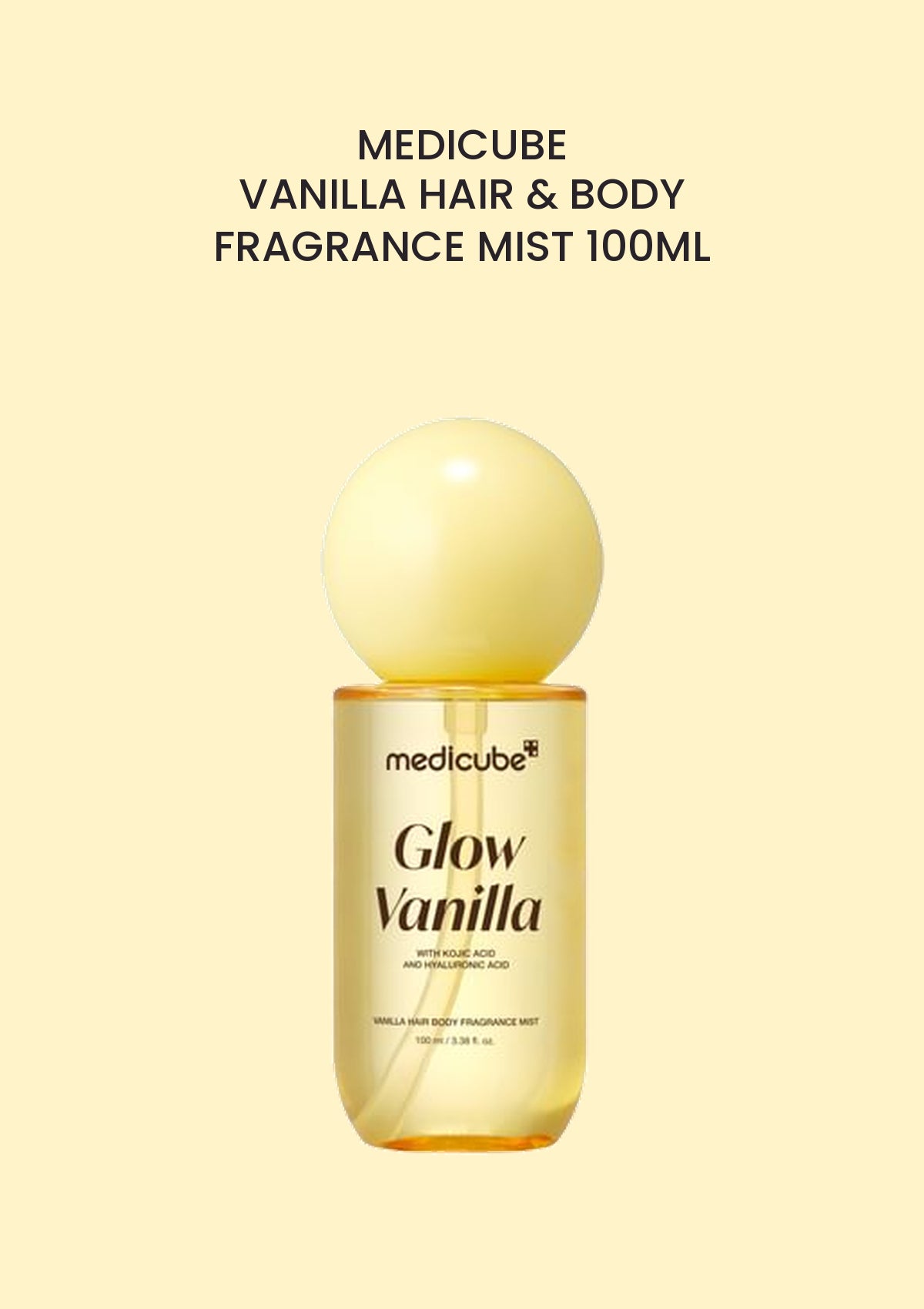 Medicube Vanilla Hair Body Fragrance Mist 100ml mini bottle on a soft vanilla background.