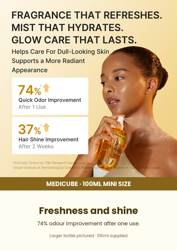 Medicube Vanilla Hair Body Fragrance Mist 100ml mini — Freshness and shine. 74% odour improvement after one use. Larger bottle shown; 100ml mini supplied.
