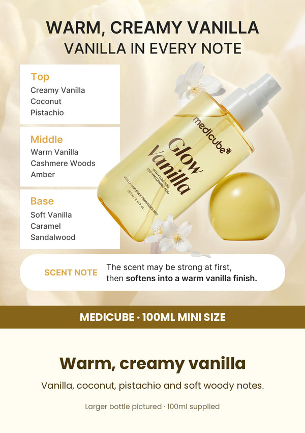 Medicube Vanilla Hair Body Fragrance Mist 100ml mini — Warm, creamy vanilla. Vanilla, coconut, pistachio and soft woody notes. Larger bottle shown; 100ml mini supplied.
