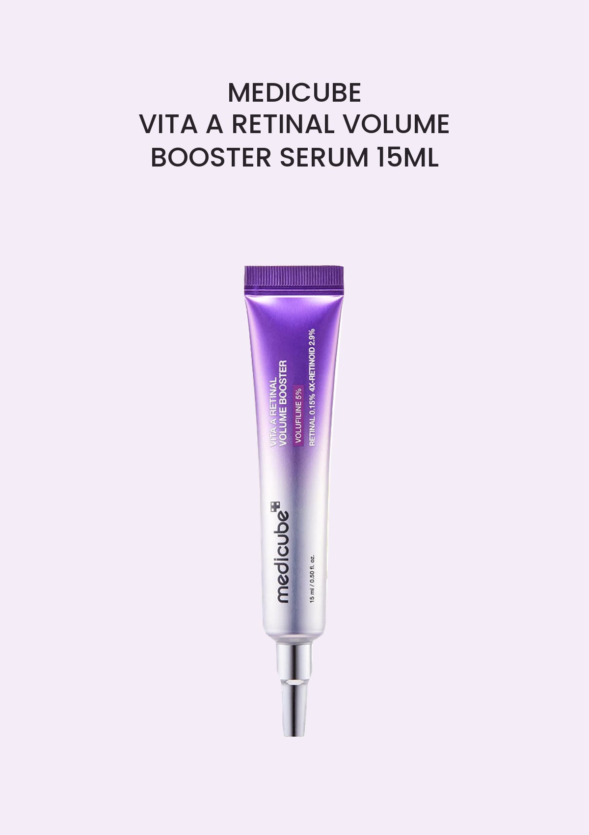Medicube Vita A Retinal Volume Booster Serum 15ml — purple and silver tube on a soft violet background.