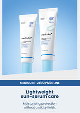 Medicube zero pore moisture sun serum spf 50 pa 50ml — Lightweight sun-serum care. Moisturising protection without a sticky finish.
