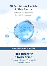 Medicube zero pore one day serum 30ml — Pore care with a fresh finish. Ten peptides and four acids in one serum step.
