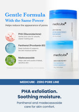 Medicube zero pore pad mild 155g 70 pads — PHA exfoliation. Soothing moisture. Panthenol and madecassoside care for skin comfort.