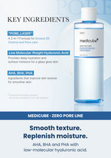 Medicube zero pore toner 250ml — Smooth texture. Replenish moisture. AHA, BHA and PHA with low-molecular hyaluronic acid.