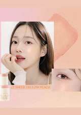 Cosmetic product with a model and close-up of skin texture on a soft pink background