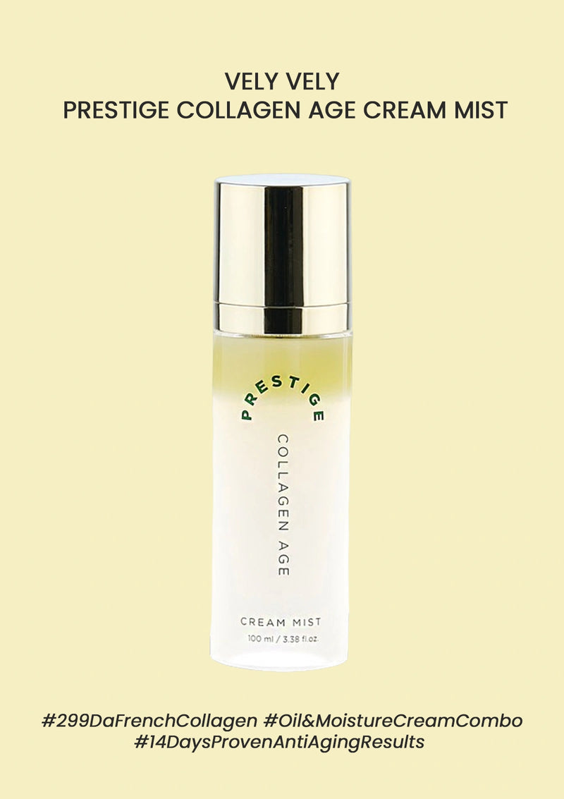 Vely Vely Prestige Collagen Age Cream Mist bottle on a beige background