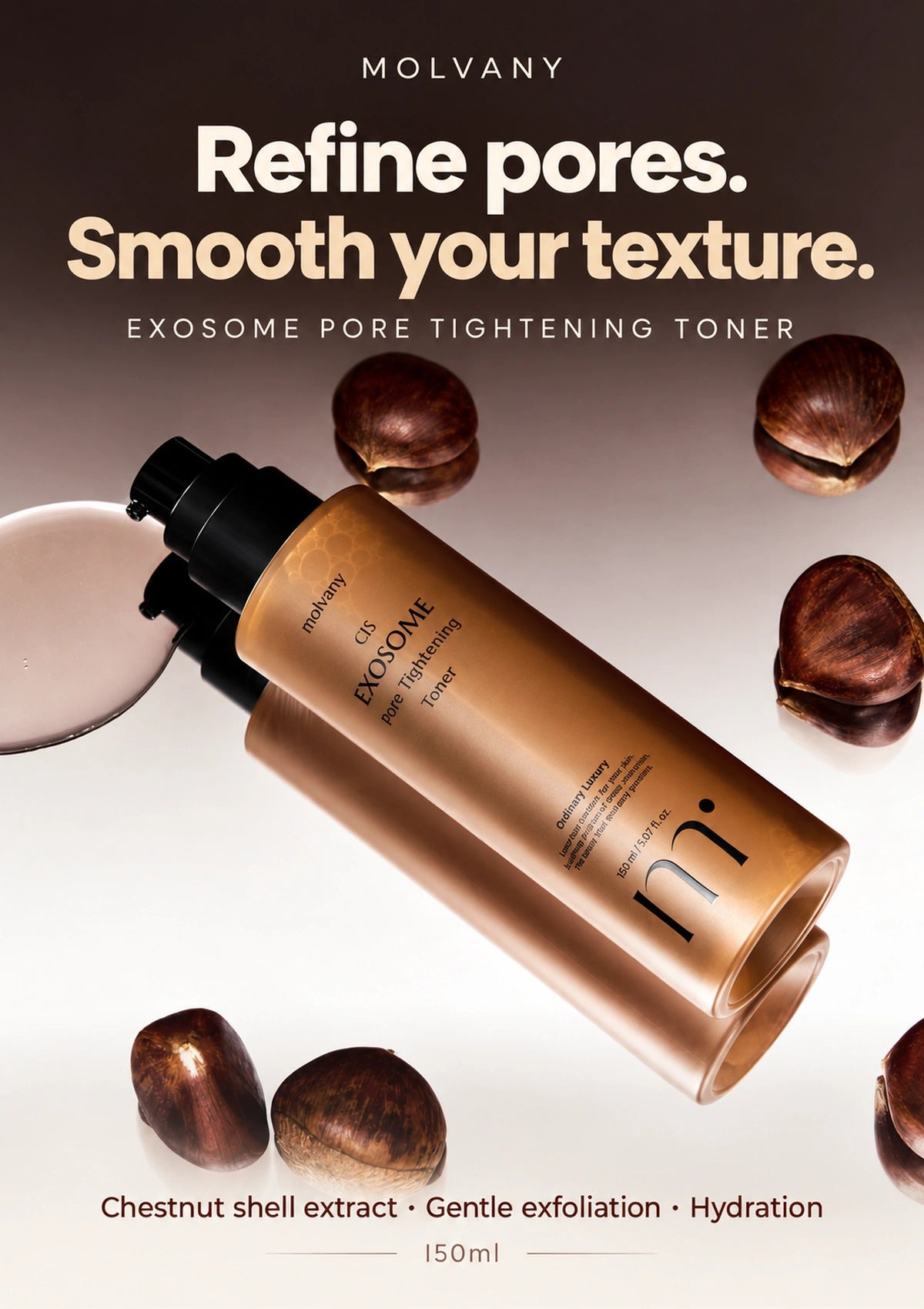 MOLVANY Exosome Pore Tightening Toner 150ml with chestnut shell extract for pore care and smoother texture