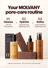 MOLVANY pore-care routine with 200ml cleanser, 150ml Exosome Toner and 50ml Pore Tightening Serum