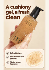 MOLVANY cushiony gel texture with fine chestnut-shell particles and marine ginger fragrance
