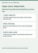 MOLVANY Artichoke Toner Pad: Open once. Keep fresh. Remove the protective seal before your first use.