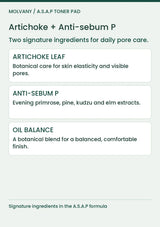 MOLVANY Artichoke Toner Pad: Artichoke + Anti-sebum P. Two signature ingredients for daily pore care.
