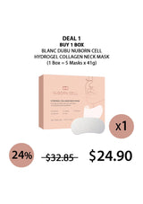 Promotional graphic for Blanc Dubu Nuborn Cell Hydrogel Collagen Neck Mask with pricing and discount information.