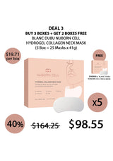 Promotional graphic for Blanc Dubu Nuborn Cell hydrogel collagen neck mask with pricing and deal information.