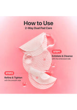 Two skincare pads with instructions on how to use them on a pink background