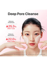 Woman using deep pore cleansing pads with text on a pink background