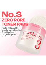 Numbuzin No.3 Zero Pore Toner Pads packaging on a pink background