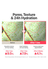 Before and after comparison of skin texture with text highlighting pore improvement and hydration benefits.