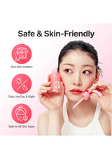 Woman holding skincare products with 'Safe & Skin-Friendly' text and icons on a pink background