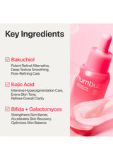 Skin care serum bottle with key ingredients listed on a white background