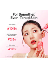 Advertisement for skincare product showing a woman applying cream with text on skin texture improvements.