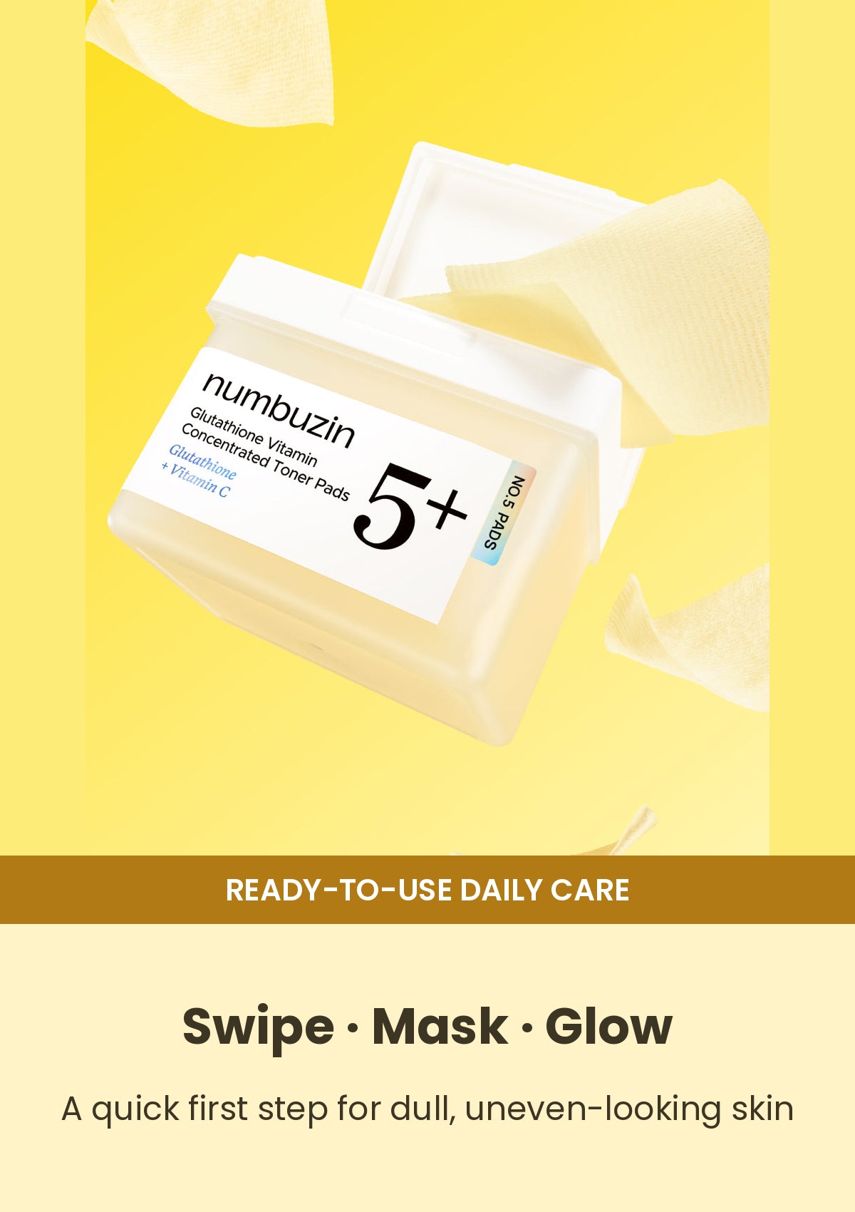 Numbuzin No.5+ toner-pad jar with yellow pads on a bright yellow background