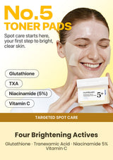 Model wearing Numbuzin No.5 toner pads with current jar and four brightening ingredients