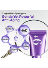 Purple skincare product with ingredients and text on a white background