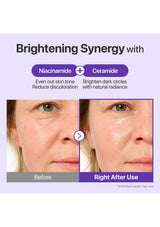Before and after effect of a skincare product on skin with text about niacinamide and ceramide.