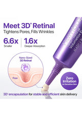 Purple skincare product with text about 3D Retinal, pore tightening, and wrinkle filling.