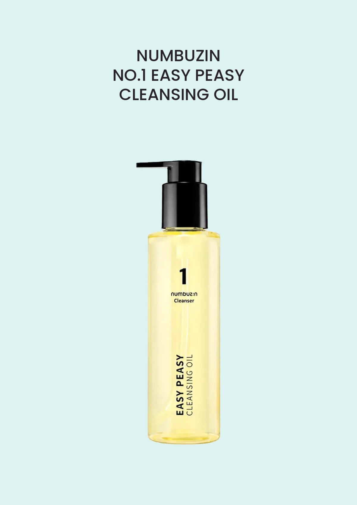 NUMBUZIN No.1 Easy Peasy Cleansing Oil 200ml with the complete black-pump bottle on pale aqua